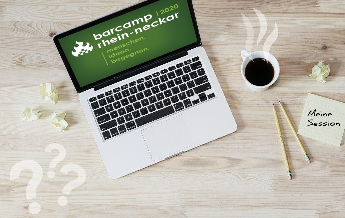 Ein Laptop mit dem Logo des Barcamp Rhein-Neckar. Daneben steht: Deine Session.