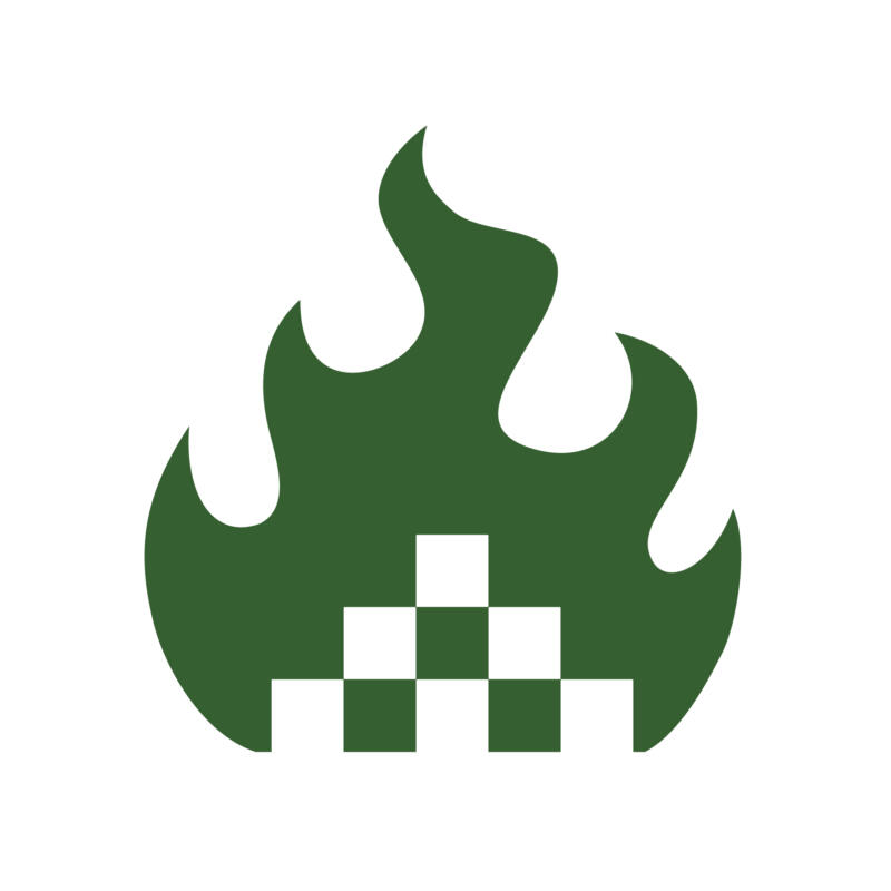 Logo in grün: Eine Flamme lodert. In dessen Zentrum ein Dreieck aus Pixel.