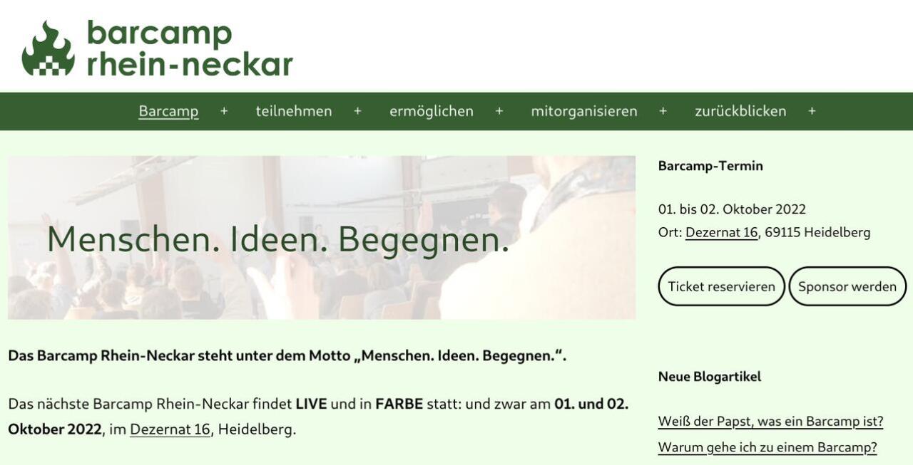 Bildschirmfoto der Startseite des Barcamp Rhein-Neckar